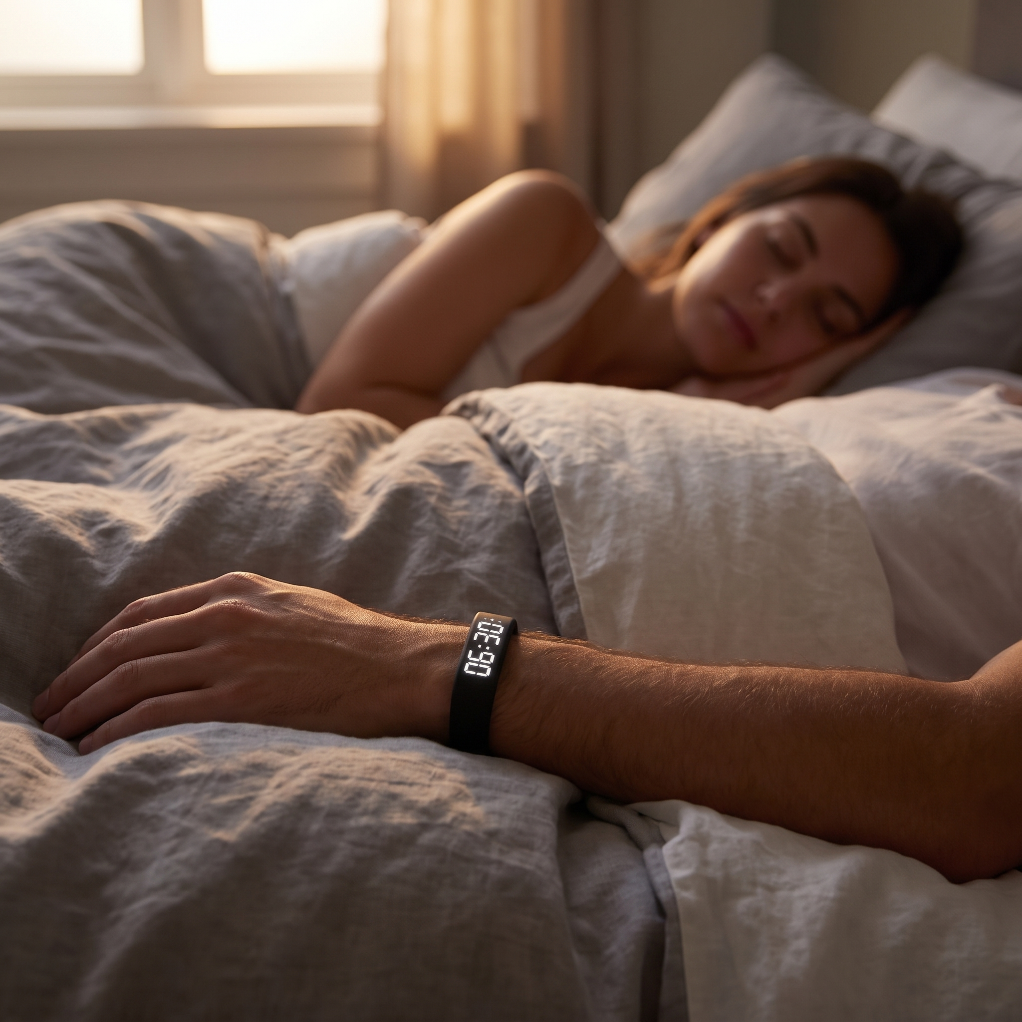 A couple asleep, one wearing the Nivox Nudge