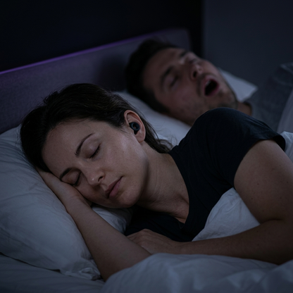 Woman sleeping with earplugs beside a snoring partner