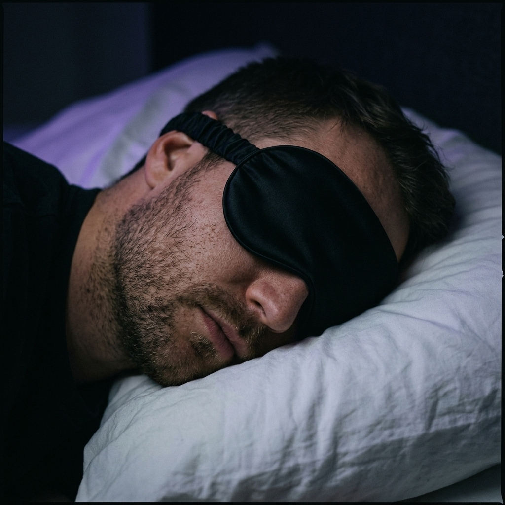 Side sleeper wearing the Comfort Sleep Mask